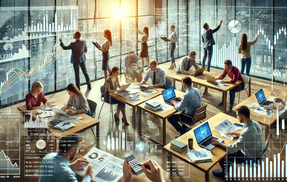 DALL·E 2024-10-29 11.05.18 - A photorealistic image of people actively engaging in learning and doing fundamental analysis. The image should show individuals working together in a